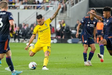 Jul 17, 2022; Columbus, Ohio, USA; Columbus Crew midfielder Lucas Zelarayan (10) takes a shot during the first half of the MLS game against the FC Cincinnati at Lower.com Field in Columbus on July 17, 2022. Mandatory Credit: Adam Cairns-The Columbus Dispatch

Mls Fc Cincinnati At Columbus Crew