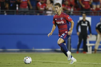 Jul 30, 2022; Frisco, Texas, USA; FC Dallas forward Beni Redzic (14) controls the ball against the Los Angeles Galaxy in the second half at Toyota Stadium. Mandatory Credit: Tim Heitman-USA TODAY Sports