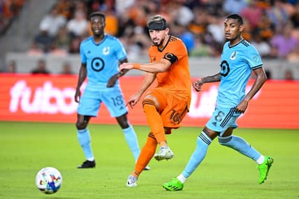 Jul 23, 2022; Houston, Texas, USA; Houston Dynamo FC midfielder Hector Herrera (16) passes the ball during the second half against the Minnesota United FC at PNC Stadium. Mandatory Credit: Maria Lysaker-Houston Dynamo FC-USA TODAY Sports
