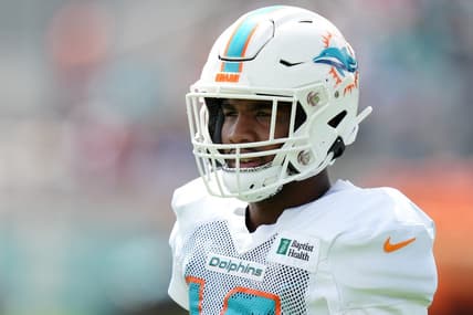 Aug 2, 2022; Miami Gardens, Florida, US; Miami Dolphins wide receiver Jaylen Waddle (17) walks on the field during training camp at Baptist Health Training Complex. Mandatory Credit: Jasen Vinlove-USA TODAY Sports