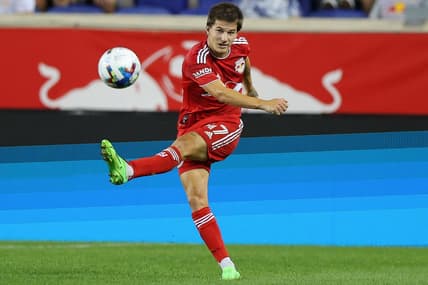 Aug 2, 2022; Harrison, New Jersey, USA; New York Red Bulls defender John Tolkin (47) punts the ball against the Colorado Rapids during the second half at Red Bull Arena. Mandatory Credit: Vincent Carchietta-USA TODAY Sports