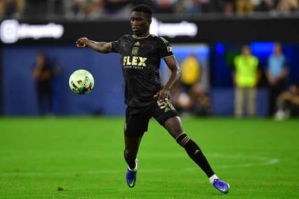 Aug 3, 2022; Los Angeles, California, US; LAFC defender Mamadou Fall (5) moves the ball against Club America during the first half at SoFi Stadium. Mandatory Credit: Gary A. Vasquez-USA TODAY Sports