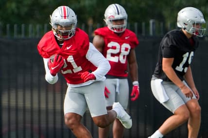 Aug 4, 2022; Columbus, OH, USA;  Ohio State Buckeyes running back Evan Pryor (21) runs during the first fall football practice at the Woody Hayes Athletic Center. Mandatory Credit: Adam Cairns-The Columbus Dispatch

Ohio State Football First Practice
