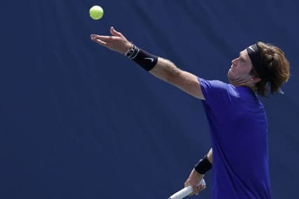 Aug 5, 2022; Washington, DC, USA; Andrey Rublev serves against Maxime Cressy (USA) (not pictured) on day five of the Citi Open at Rock Creek Park Tennis Center. Mandatory Credit: Geoff Burke-USA TODAY Sports
