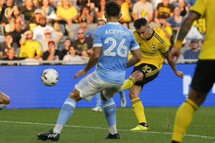 Aug 6, 2022; Columbus, Ohio, USA; Columbus Crew midfielder Lucas Zelarayan (10) scores a goal against the New York City FC during the first half at Lower.com Field. Mandatory Credit: Adam Cairns-The Columbus Dispatch