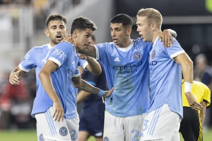 Aug 6, 2022; Columbus, Ohio, USA; New York City midfielder Gabriel Pereira (38) is congratulated by teammates after his second half goal against Columbus Crew at Lower.com Field. Mandatory Credit: Greg Bartram-USA TODAY Sports