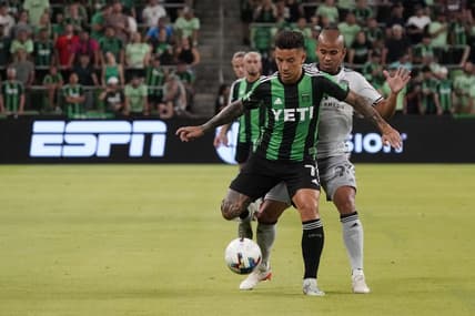 Aug 6, 2022; Austin, Texas, USA;  Austin FC forward Sebastian Driussi (7) controls the ball against San Jose Earthquakes midfielder Judson Tavares (93) during the second half at Q2 Stadium. Mandatory Credit: Scott Wachter-USA TODAY Sports