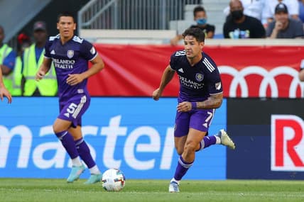 Aug 13, 2022; Harrison, New Jersey, USA; Orlando City SC forward Alexandre Pato (7) controls the ball against the New York Red Bulls during the first half at Red Bull Arena. Mandatory Credit: Vincent Carchietta-USA TODAY Sports