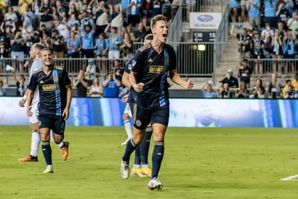 Aug 13, 2022; Philadelphia, Pennsylvania, USA; Philadelphia Union defender Jack Elliott (3) reacts after scoring a goal against the Chicago Fire during the first half at Subaru Park. Mandatory Credit: John Jones-USA TODAY Sports
