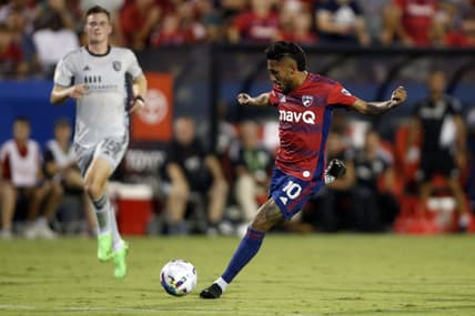 Aug 13, 2022; Frisco, Texas, USA; FC Dallas forward Jesus Ferreira (10) kicks the ball against the San Jose Earthquakes in the first half at Toyota Stadium. Mandatory Credit: Tim Heitman-USA TODAY Sports