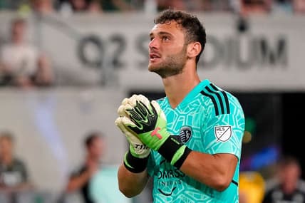 Aug 13, 2022; Austin, Texas, USA; Sporting Kansas City goalkeeper John Pulskamp (1) reacts after a play against Austin FC during the second half at Q2 Stadium. Mandatory Credit: Scott Wachter-USA TODAY Sports