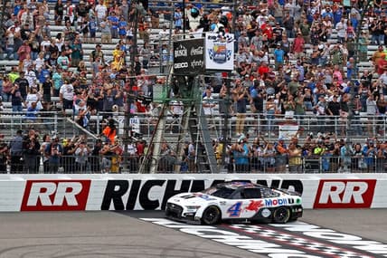 Aug 14, 2022; Richmond, Virginia, USA; NASCAR Cup Series driver Kevin Harvick (4) wins the Federated Auto Part 400 at Richmond International Raceway. Mandatory Credit: Peter Casey-USA TODAY Sports