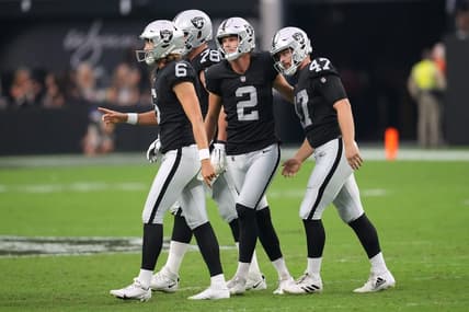 Aug 14, 2022; Paradise, Nevada, USA; Las Vegas Raiders place kicker Daniel Carlson (2) celebrates with Las Vegas Raiders long snapper Trent Sieg (47) and Las Vegas Raiders punter AJ Cole (6) after making a field goal against the Minnesota Vikings during a preseason game at Allegiant Stadium. Mandatory Credit: Stephen R. Sylvanie-USA TODAY Sports