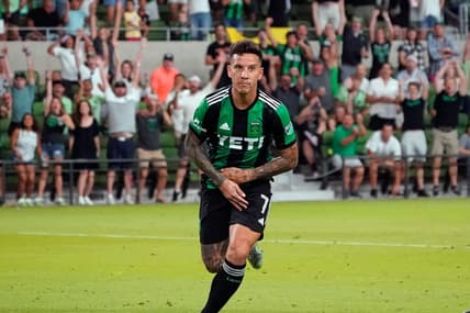 Aug 13, 2022; Austin, Texas, USA; Austin FC forward Sebastian Driussi (7) celebrates after scoring a goal against Sporting Kansas City during the second half at Q2 Stadium. Mandatory Credit: Scott Wachter-USA TODAY Sports