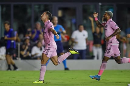 Aug 20, 2022; Fort Lauderdale, Florida, USA; Inter Miami CF midfielder Jean Mota (7) celebrates after scoring during the first half against Toronto FC at DRV PNK Stadium. Mandatory Credit: Sam Navarro-USA TODAY Sports