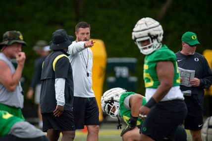 Oregon head coach Dan Lanning leads practice Aug. 17, 2022, in Eugene Oregon.