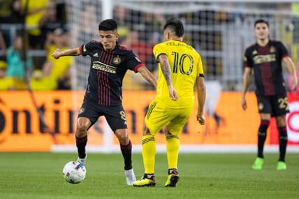 Aug 21, 2022; Columbus, Ohio, USA; Atlanta United midfielder Thiago Almada (8) dribbles the ball while Columbus Crew midfielder Lucas Zelarayan (10) defends in the first half at Lower.com Field. Mandatory Credit: Trevor Ruszkowski-USA TODAY Sports
