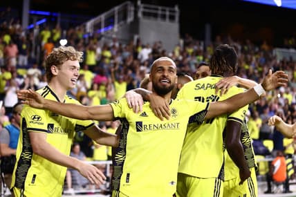 Aug 21, 2022; Nashville, Tennessee, USA;  Nashville SC midfielder Hany Mukhtar (10) celebrates after scoring against FC Dallas in the first half at Geodis Park. Mandatory Credit: Casey Gower-USA TODAY Sports