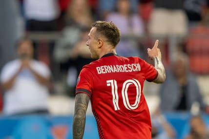 Aug 17, 2022; Toronto, Ontario, CAN; Toronto FC forward Federico Bernardeschi (10) celebrates after scoring a penalty shot against the New England Revolution during the first half at BMO Field. Mandatory Credit: Kevin Sousa-USA TODAY Sports
