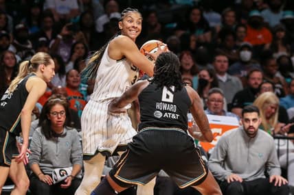 Aug 23, 2022; Brooklyn, New York, USA;  Chicago Sky forward Candace Parker (3) and New York Liberty forward Natasha Howard (6) at Barclays Center. Mandatory Credit: Wendell Cruz-USA TODAY Sports