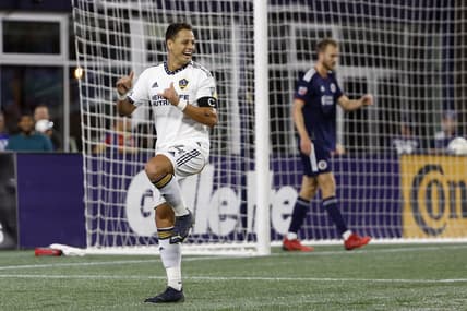 Aug 28, 2022; Foxborough, Massachusetts, USA; Los Angeles Galaxy forward Javier Hernandez (14) celebrates his goal against the New England Revolution during the first half at Gillette Stadium. Mandatory Credit: Winslow Townson-USA TODAY Sports