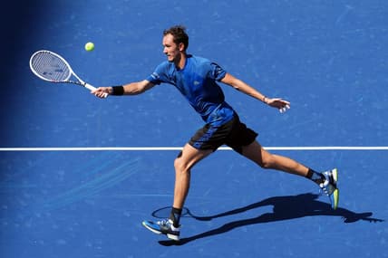 Aug 29, 2022; Flushing, NY, USA; Daniil Medvedev hits to Stefan Kozlov of the United States on day one of the 2022 U.S. Open tennis tournament at USTA Billie Jean King National Tennis Center. Mandatory Credit: Danielle Parhizkaran-USA TODAY Sports