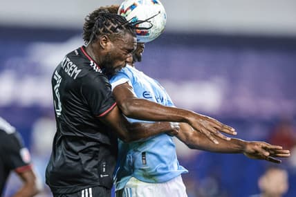 Aug 31, 2022; Harrison, New Jersey, USA; D.C. United defender Chris Odoi-Atsem (3) battles for a high ball against New York City FC forward Talles Magno (43) during the first half at Red Bull Arena. Mandatory Credit: Vincent Carchietta-USA TODAY Sports