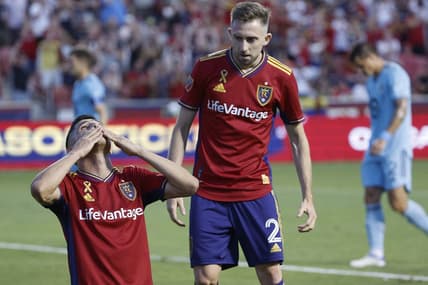 Aug 31, 2022; Sandy, Utah, USA; Real Salt Lake forward Jefferson Savarino (11) celebrates his first half goal with defender Andrew Brody (2) against the Minnesota United at Rio Tinto Stadium. Mandatory Credit: Jeffrey Swinger-USA TODAY Sports