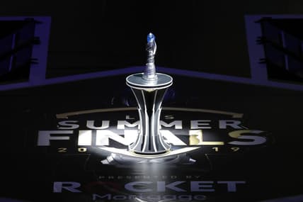 Aug 25, 2019; Detroit, MI, USA; The LCS trophy awaits the winner during the LCS Summer Finals event between Team Liquid and Cloud9 at Little Caesars Arena. Mandatory Credit: Raj Mehta-USA TODAY Sports