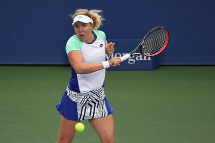 Sep 2, 2020; Flushing Meadows, New York, USA; Anna-Lena Friedsam of Germany hits a forehand against Angelique Kerber of Germany (not pictured) on day three of the 2020 U.S. Open tennis tournament at USTA Billie Jean King National Tennis Center. Mandatory Credit: Danielle Parhizkaran-USA TODAY Sports