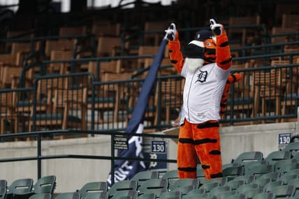 Sep 9, 2020; Detroit, Michigan, USA; Detroit Tigers mascot Paws cheers from the bleachers during the first inning against the Milwaukee Brewers at Comerica Park. Mandatory Credit: Raj Mehta-USA TODAY Sports