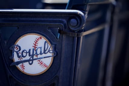 Apr 1, 2021; Kansas City, Missouri, USA; A general view of the Kansas City Royals logo on seats with complimentary flags for fans before the Opening Day game against the Texas Rangers Kauffman Stadium. Mandatory Credit: Denny Medley-USA TODAY Sports