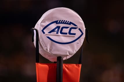 Sep 4, 2021; Charlottesville, Virginia, USA; A detailed view of the ACC logo on the down marker used during the game between William & Mary Tribe and the Virginia Cavaliers at Scott Stadium. Mandatory Credit: Scott Taetsch-USA TODAY Sports