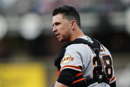 Sep 24, 2021; Denver, Colorado, USA; San Francisco Giants catcher Buster Posey (28) looks to towards the dugout in the first inning against the Colorado Rockies at Coors Field. Mandatory Credit: Ron Chenoy-USA TODAY Sports