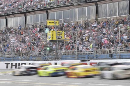 Oct 4, 2021; Talladega, Alabama, USA; General view of a restart during the YellaWood 500 at Talladega Superspeedway. Mandatory Credit: Adam Hagy-USA TODAY Sports