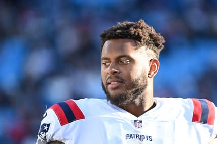 Nov 7, 2021; Charlotte, North Carolina, USA; New England Patriots offensive tackle Justin Herron (75) on the sidelines in the fourth quarter at Bank of America Stadium. Mandatory Credit: Bob Donnan-USA TODAY Sports