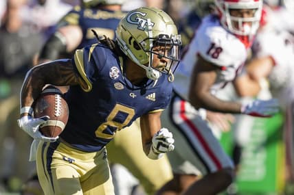 Nov 27, 2021; Atlanta, Georgia, USA; Georgia Tech Yellow Jackets wide receiver Nate McCollum (8) runs against the Georgia Bulldogs during the second half at Bobby Dodd Stadium. Mandatory Credit: Dale Zanine-USA TODAY Sports