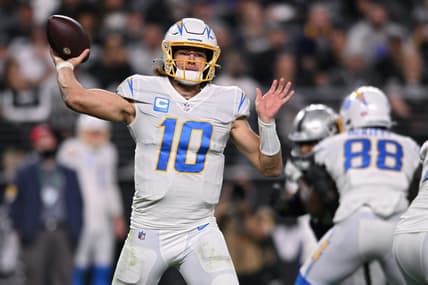 Jan 9, 2022; Paradise, Nevada, USA; Los Angeles Chargers quarterback Justin Herbert (10) throws a pass against the Las Vegas Raiders during the second half at Allegiant Stadium. Mandatory Credit: Orlando Ramirez-USA TODAY Sports