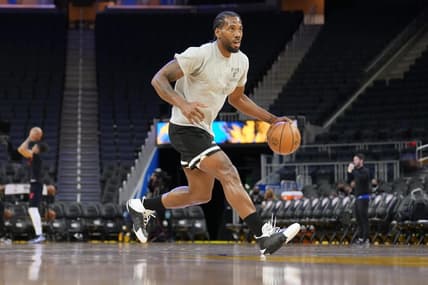 Mar 8, 2022; San Francisco, California, USA; LA Clippers forward Kawhi Leonard (2) warms up before the game against the Golden State Warriors at Chase Center. Mandatory Credit: Darren Yamashita-USA TODAY Sports