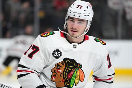 Mar 26, 2022; Las Vegas, Nevada, USA; Chicago Blackhawks center Kirby Dach (77) warms up before a game against the Vegas Golden Knights at T-Mobile Arena. Mandatory Credit: Stephen R. Sylvanie-USA TODAY Sports