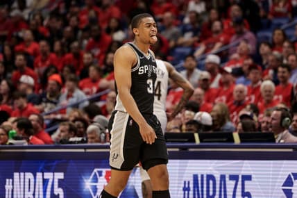 Apr 13, 2022; New Orleans, Louisiana, USA; San Antonio Spurs forward Keldon Johnson (3) reacts to a play against the New Orleans Pelicans during the first half of a play-in playoff game at the Smoothie King Center. Mandatory Credit: Stephen Lew-USA TODAY Sports