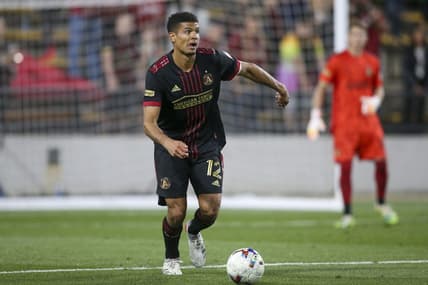 Apr 20, 2022; Kennesaw, Georgia, USA; Atlanta United defender Miles Robinson (12) dribbles against Chattanooga FC in the second half at Fifth Third Bank Stadium. Mandatory Credit: Brett Davis-USA TODAY Sports