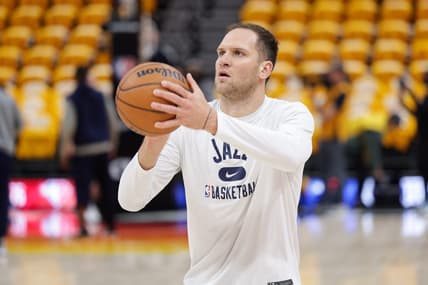Apr 21, 2022; Salt Lake City, Utah, USA; Utah Jazz forward Bojan Bogdanovic (44) warms up before the game against the Dallas Mavericks at Vivint Arena. Mandatory Credit: Chris Nicoll-USA TODAY Sports