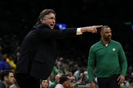 Apr 20, 2022; Boston, Massachusetts, USA; Governor and principle owner of the Boston Celtics Wyc Grousbeck points as head coach Imo Udoka looks on during the third quarter of game two of the first round of the 2022 NBA playoffs against the Brooklyn Nets at TD Garden. Mandatory Credit: Winslow Townson-USA TODAY Sports