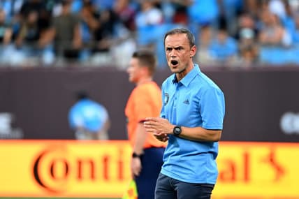 Jul 9, 2022; Charlotte, North Carolina, USA; Charlotte FC head coach Christian Lattanzio reacts in the first half at Bank of America Stadium. Mandatory Credit: Bob Donnan-USA TODAY Sports