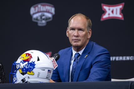 Jul 13, 2022; Arlington, TX, USA; Kansas Jayhawks head coach Lance Leipold is interviewed during the Big 12 Media Day at AT&T Stadium. Mandatory Credit: Jerome Miron-USA TODAY Sports
