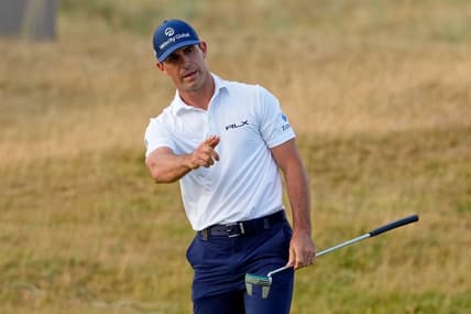 Jul 15, 2022; St. Andrews, SCT; Billy Horschel reacts after a shot on the 17th hole during the second round of the 150th Open Championship golf tournament at St. Andrews Old Course. Mandatory Credit: Michael Madrid-USA TODAY Sports
