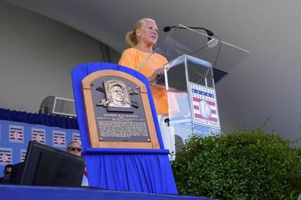 Jul 24, 2022; Cooperstown, New York, USA; Irene Hodges, daughter of Gil Hodges, speaks on behalf of Hall of Fame Posthumous inductee Gil Hodges during the Baseball Hall of Fame Induction Ceremony at Clark Sports Center. Mandatory Credit: Gregory Fisher-USA TODAY Sports