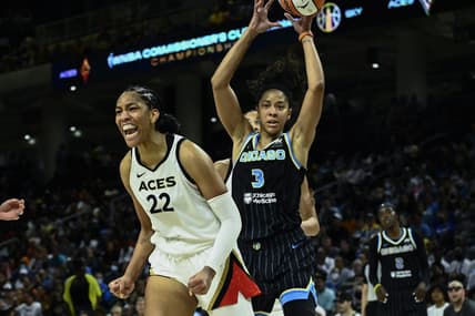 Jul 26, 2022; Chicago, IL, USA;  Las Vegas Aces forward A'ja Wilson (22) yells after scoring against Chicago Sky forward Candace Parker (3) during the second half of the Commissioners Cup-Championships at Wintrust Arena. Mandatory Credit: Matt Marton-USA TODAY Sports