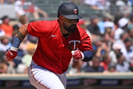 Aug 3, 2022; Minneapolis, Minnesota, USA; Minnesota Twins catcher Sandy Leon (39) heads to first on his two-run RBI double against the Detroit Tigers during the second inning at Target Field. Mandatory Credit: Nick Wosika-USA TODAY Sports